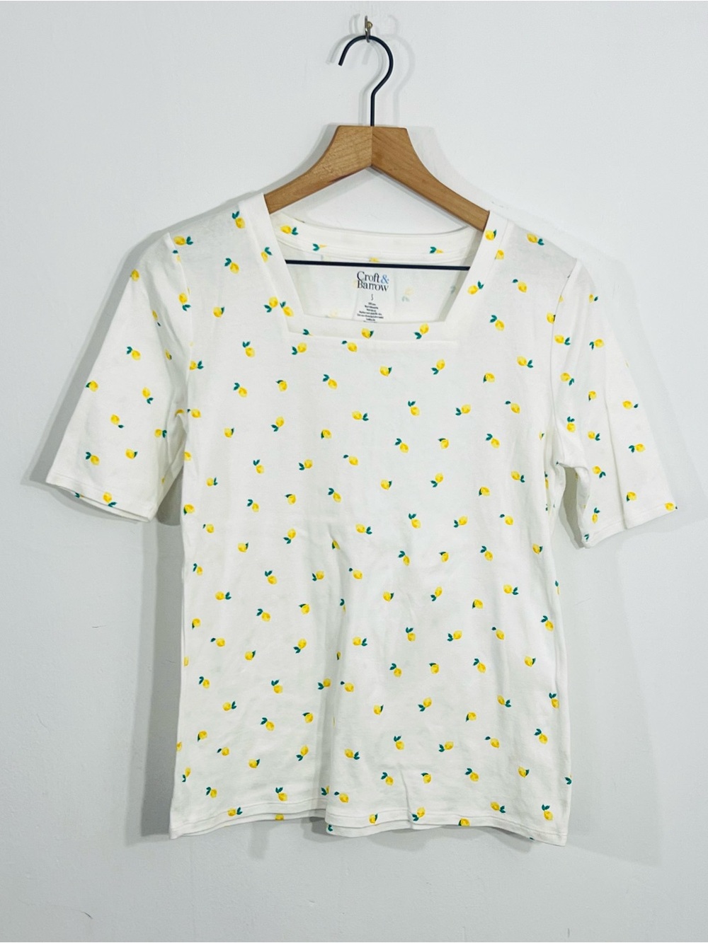 Croft & Barrow Lemon Print Square Neckline Short Sleeve Pullover Casual Top S